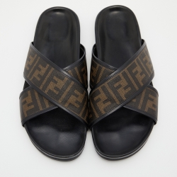 Fendi Brown/Black Zucca Coated Canvas and Leather Crisscross Slide Sandals Size 45