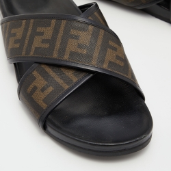 Fendi Brown/Black Zucca Coated Canvas and Leather Crisscross Slide Sandals Size 45