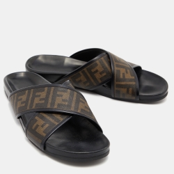 Fendi Brown/Black Zucca Coated Canvas and Leather Crisscross Slide Sandals Size 45