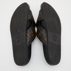 Fendi Brown/Black Zucca Coated Canvas and Leather Crisscross Slide Sandals Size 45
