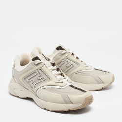 Fendi Cream/Brown Canvas and Leather Faster Sneakers Size 42.5