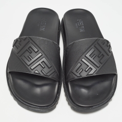 Fendi Black Rubber FF Logo Flat Slides Size  43