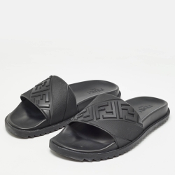 Fendi Black Rubber FF Logo Flat Slides Size  43