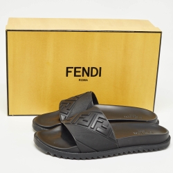 Fendi Black Rubber FF Logo Flat Slides Size  43
