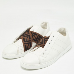 Fendi White/Brown Leather and Zucca Elastic Band Slip On Sneakers Size 45