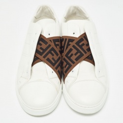 Fendi White/Brown Leather and Zucca Elastic Band Slip On Sneakers Size 45