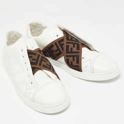 Fendi White/Brown Leather and Zucca Elastic Band Slip On Sneakers Size 45