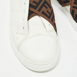 Fendi White/Brown Leather and Zucca Elastic Band Slip On Sneakers Size 45