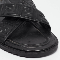 Fendi Black Leather FF Embossed Logo Criss Cross Flat Sandals Size 44