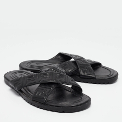 Fendi Black Leather FF Embossed Logo Criss Cross Flat Sandals Size 44