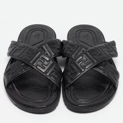 Fendi Black Leather FF Embossed Logo Criss Cross Flat Sandals Size 44