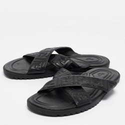 Fendi Black Leather FF Embossed Logo Criss Cross Flat Sandals Size 44