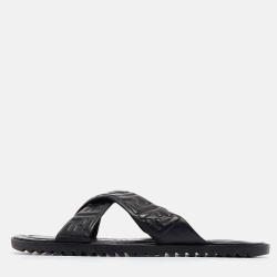 Fendi Black Leather FF Embossed Logo Criss Cross Flat Sandals Size 44