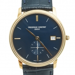 مملوكة مسبقًا Frederique Constant Blue Yellow Gold Plated Stainless Steel Crocodile Slimline FC245N4S5 Men's Wristwatch 37 mm 
