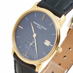 مملوكة مسبقًا Frederique Constant Blue Yellow Gold Plated Stainless Steel Crocodile Slimline FC245N4S5 Men's Wristwatch 37 mm 