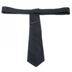 Pre Owned Giorgio Armani Navy Blue Textured Silk Signature Detail Traditional Tie