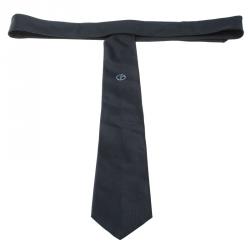 Pre Owned Giorgio Armani Navy Blue Textured Silk Logo Embroidered Tie
