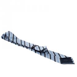 Pre Owned Giorgio Armani Ink Well Blue Silk Contrast Diagonal Striped Tie