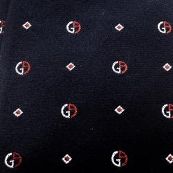 Pre Owned Giorgio Armani Navy Blue Contrast Logo Embroidered Silk Tie