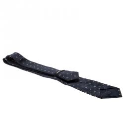 Pre Owned Giorgio Armani Navy Blue Contrast Logo Embroidered Silk Tie
