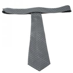 Pre Owned Giorgio Armani Grey Logo Detail Patterned Silk Jacquard Tie