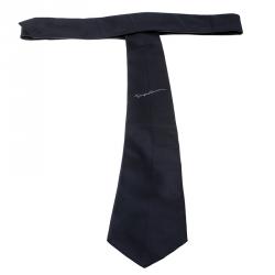 Pre Owned Giorgio Armani Navy Blue Textured Silk Signature Detail Traditional Tie