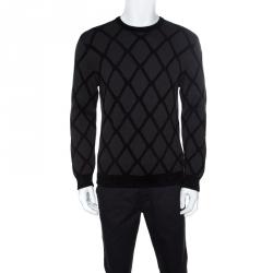 Giorgio Armani Dark Grey Diamond Patterned Wool Crew Neck Sweater L