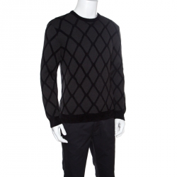 Giorgio Armani Dark Grey Diamond Patterned Wool Crew Neck Sweater L