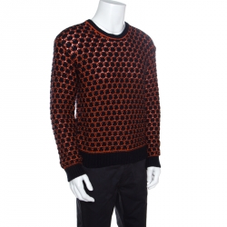 Giorgio Armani Navy Blue And Orange Patterned Knit Crew Neck Sweater L