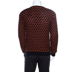 Giorgio Armani Navy Blue And Orange Patterned Knit Crew Neck Sweater L