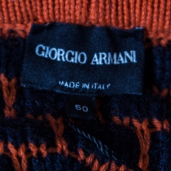 Giorgio Armani Navy Blue And Orange Patterned Knit Crew Neck Sweater L