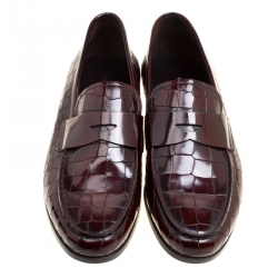 Giorgio Armani Maroon Croc Embossed Leather Penny Loafers Size 43.5