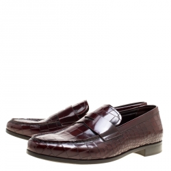 Giorgio Armani Maroon Croc Embossed Leather Penny Loafers Size 43.5