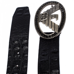 Pre Owned Giorgio Armani Black Crocodile Embossed Leather Eagle Buckle Belt 110CM