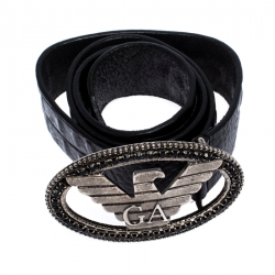 Pre Owned Giorgio Armani Black Crocodile Embossed Leather Eagle Buckle Belt 110CM
