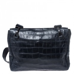 Giorgio Armani Navy Blue Croc Embossed Leather Messenger Bag