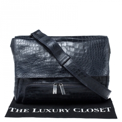 Giorgio Armani Navy Blue Croc Embossed Leather Messenger Bag