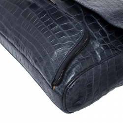Giorgio Armani Navy Blue Croc Embossed Leather Messenger Bag