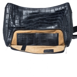 Giorgio Armani Navy Blue Croc Embossed Leather Messenger Bag