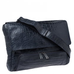 Giorgio Armani Navy Blue Croc Embossed Leather Messenger Bag