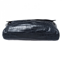 Giorgio Armani Navy Blue Croc Embossed Leather Messenger Bag