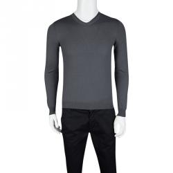 Pre Owned Giorgio Armani Grey Cashmere V-Neck Long Sleeve Sweater M
