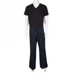 Pre Owned Giorgio Armani Navy Blue Linen Tie Detail Wide Leg Pants L