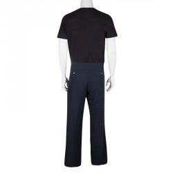 Pre Owned Giorgio Armani Navy Blue Linen Tie Detail Wide Leg Pants L