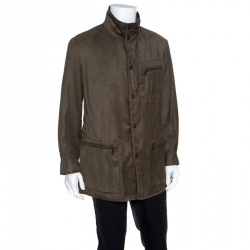 Pre Owned Giorgio Armani Olive Green Faux Suede Zip Front Jacket XXL