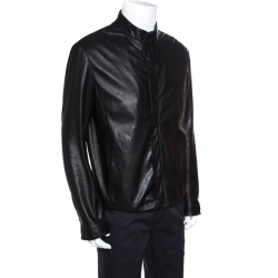 Giorgio Armani Black Lambskin Leather Concealed Zip Front Jacket XXL