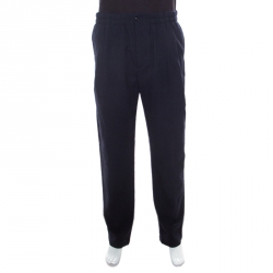 Pre Owned Giorgio Armani Navy Blue Seersucker Wool Elasticized Waist Tapered Trousers XXL