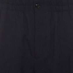 Pre Owned Giorgio Armani Navy Blue Seersucker Wool Elasticized Waist Tapered Trousers XXL