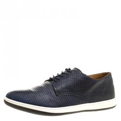 Giorgio Armani Navy Blue Woven Leather Sneakers Size 40