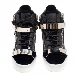 Giuseppe Zanotti Navy Blue Velvet and Black Leather Coby High Top Sneakers Size 43